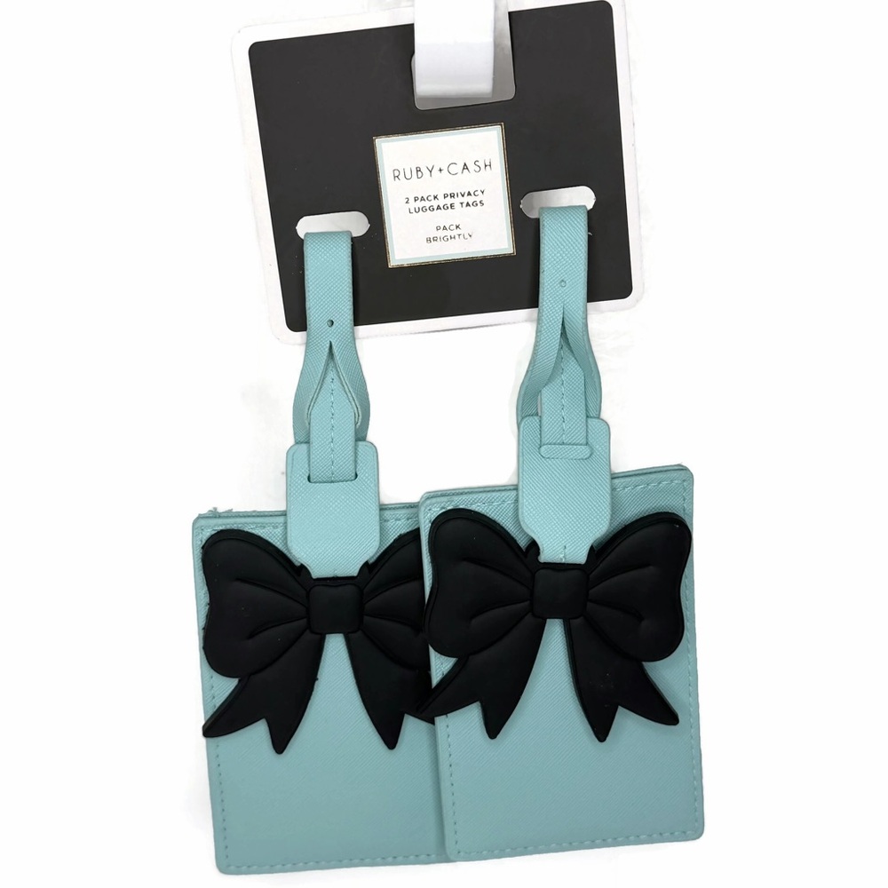 NWT Luggage Tags Set of 2 Light Blue Black Bows